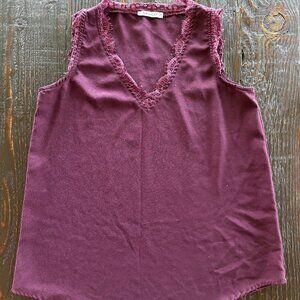 Burgundy Lace Trim V Neck Blouse Size M